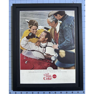Framed Coca-Cola Things Go Better With Coke Race Car Vintage Print Ad 1965